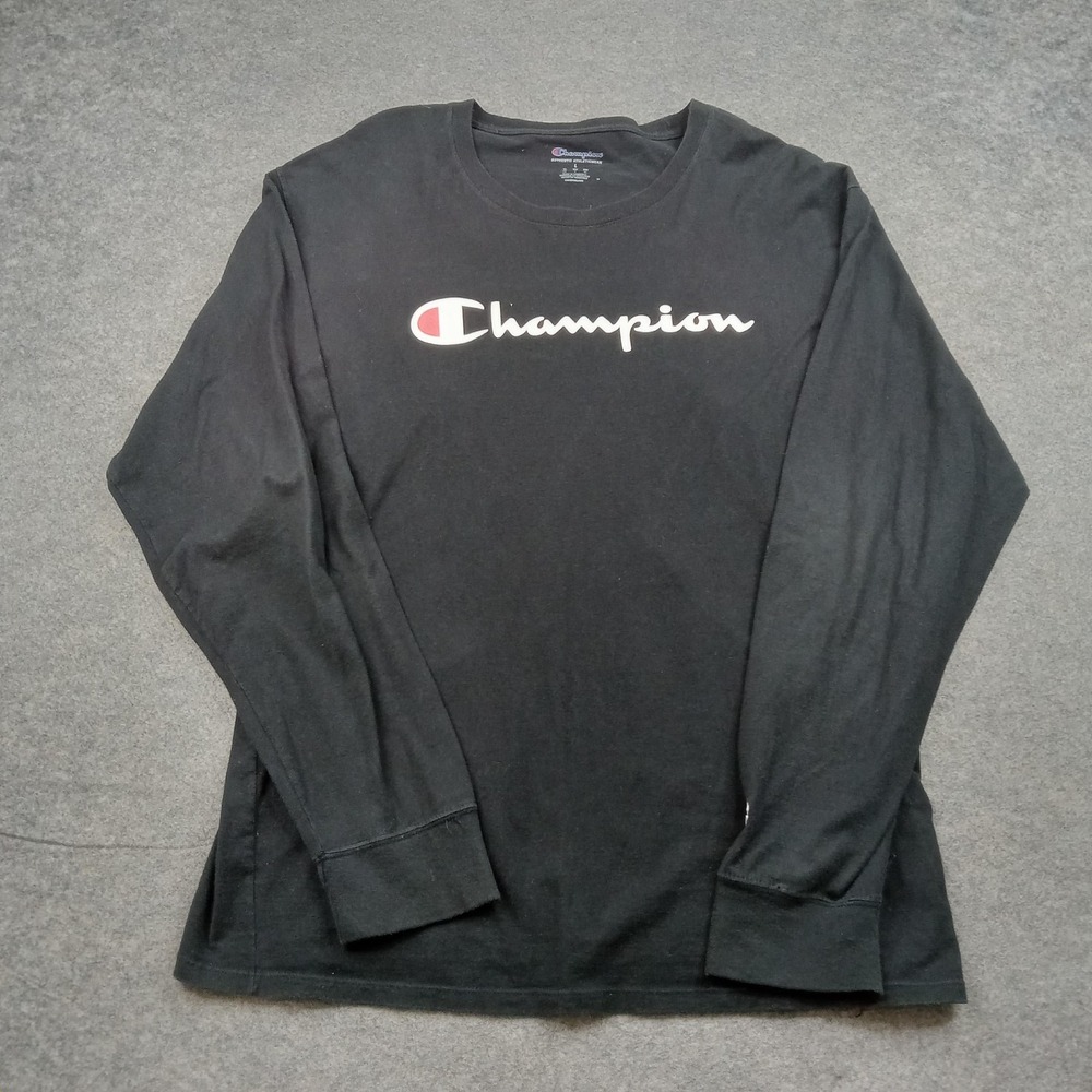 Champion Shirt‎ Mens Large Black Long Sleeve Script Logo Tagless Tee Athletic